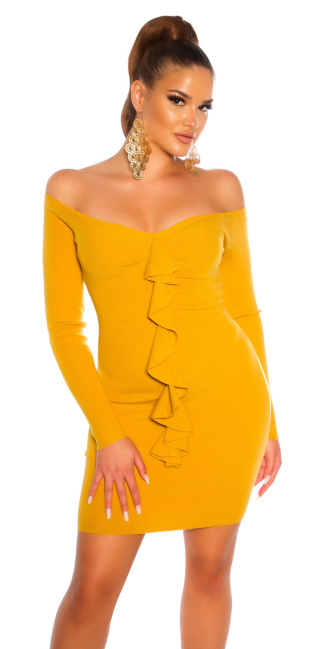 boat neck knitted dress with ruffle detail Mustard